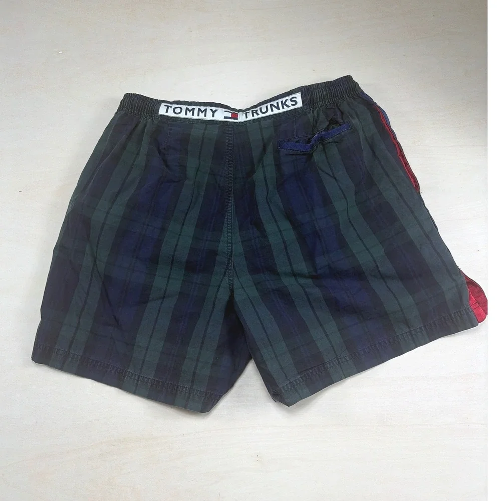 Tommy Hilfiger Mens Plaid Swim Trunks Green Navy Blue L Mesh Lined Board Shorts